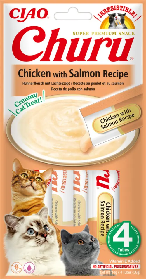 Friandise en crème pour chat poulet et saumon Inaba Ciao Churu - 4 x 14 g