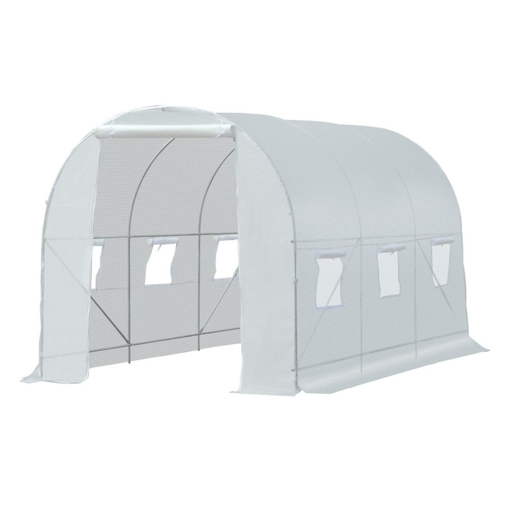 OUTSUNNY Serre de jardin tunnel surface sol 7 m² 3,5l x 2l x 2h m châssis tubulaire renforcé 18 mm 6 fenêtres blanc – Aménagement du jardin