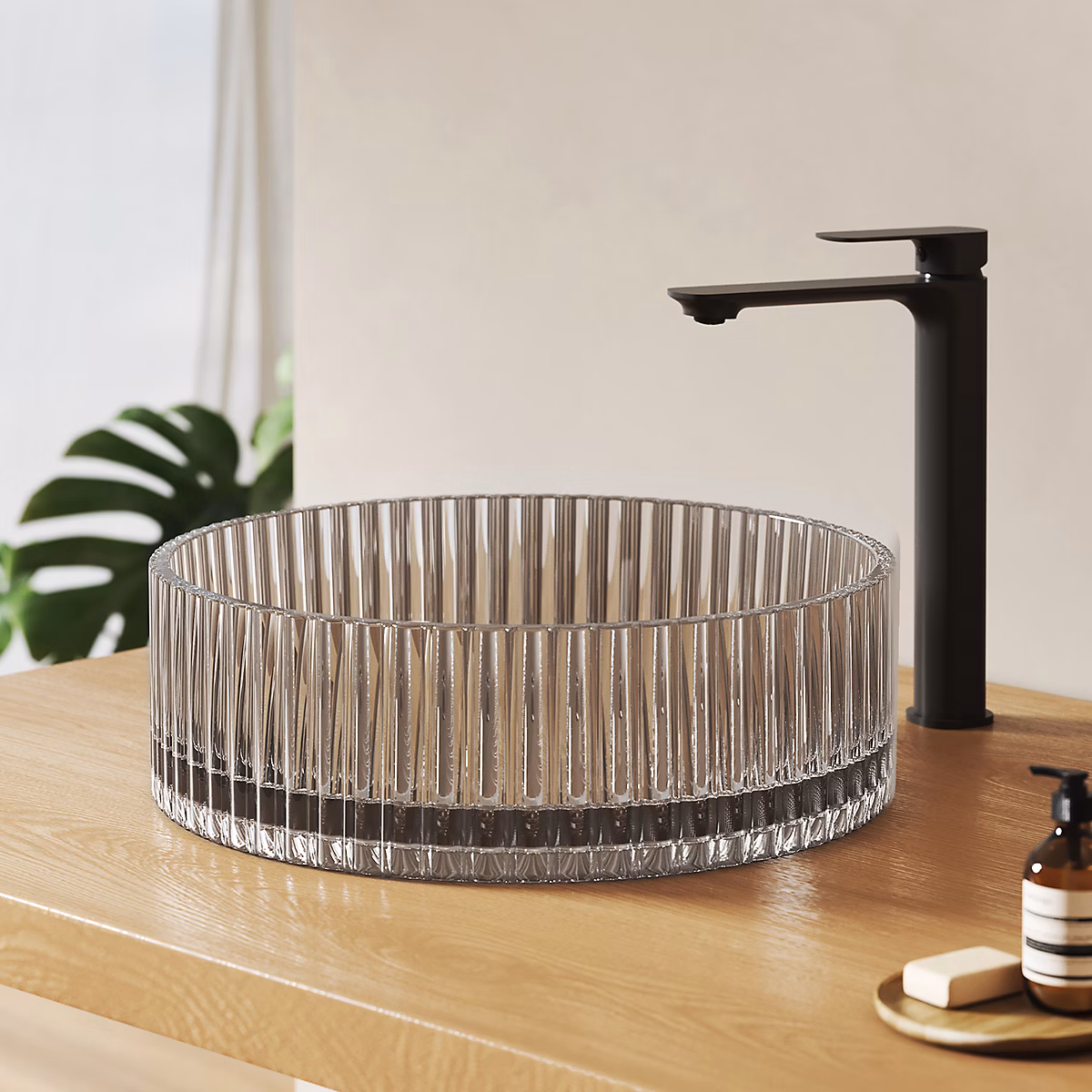 EMKE Lavabo en Verre Trempé Rond à Poser 400 × 400 × 120 mm – Vasque Salle de Bain, Gris Transparent