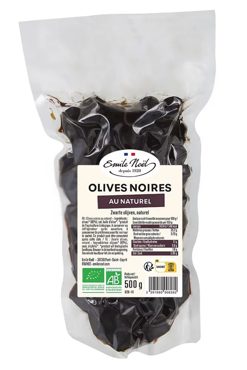 Olives noires au naturel bio gros calibre en sachet de 500 g