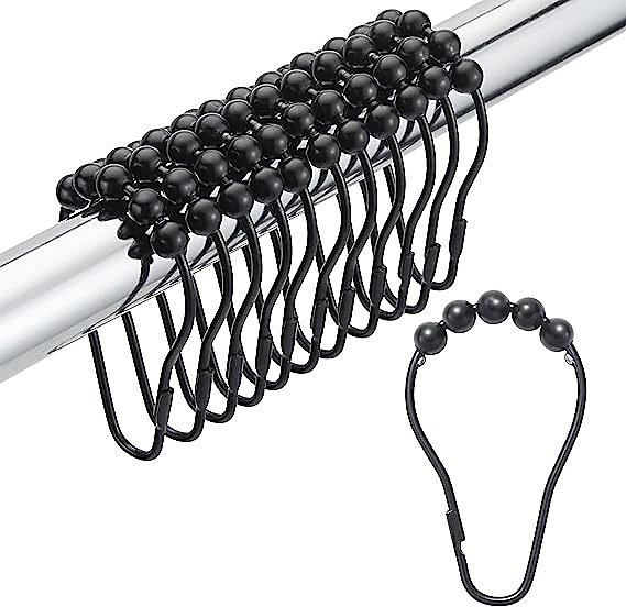 20pcs noir brillant anneau de douche en métal anneau de suspension avec système coulissant pour tringle de rideau de douche | Douche