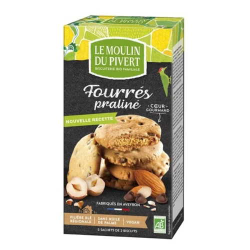 Biscuits fourrés praliné bio Moulin du Pivert en boite de 175 g
