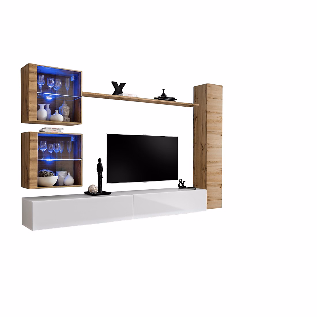 Composition murale SWITCH XVIII meuble TV suspendu blanc brillant et chene Wotan – Réf. JLBNXJIIF7369128361