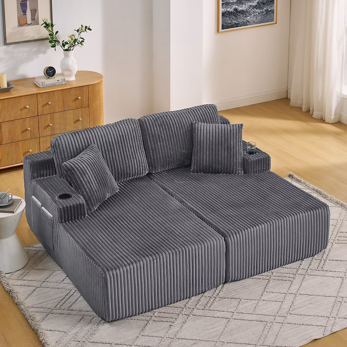 Canapé | lit multifonctionnel 2 places – Canapé sans cadre – poche magazine et porte – gobelet – tissu velours côtelé – Gris