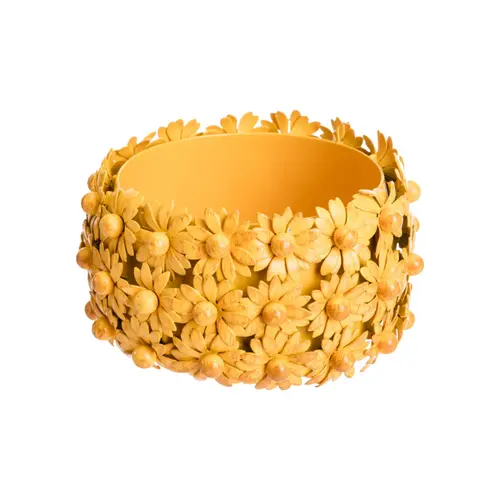 Photophore rond en métal orné de fleurs jaunes en relief - Ø 9 x H 5,5 cm