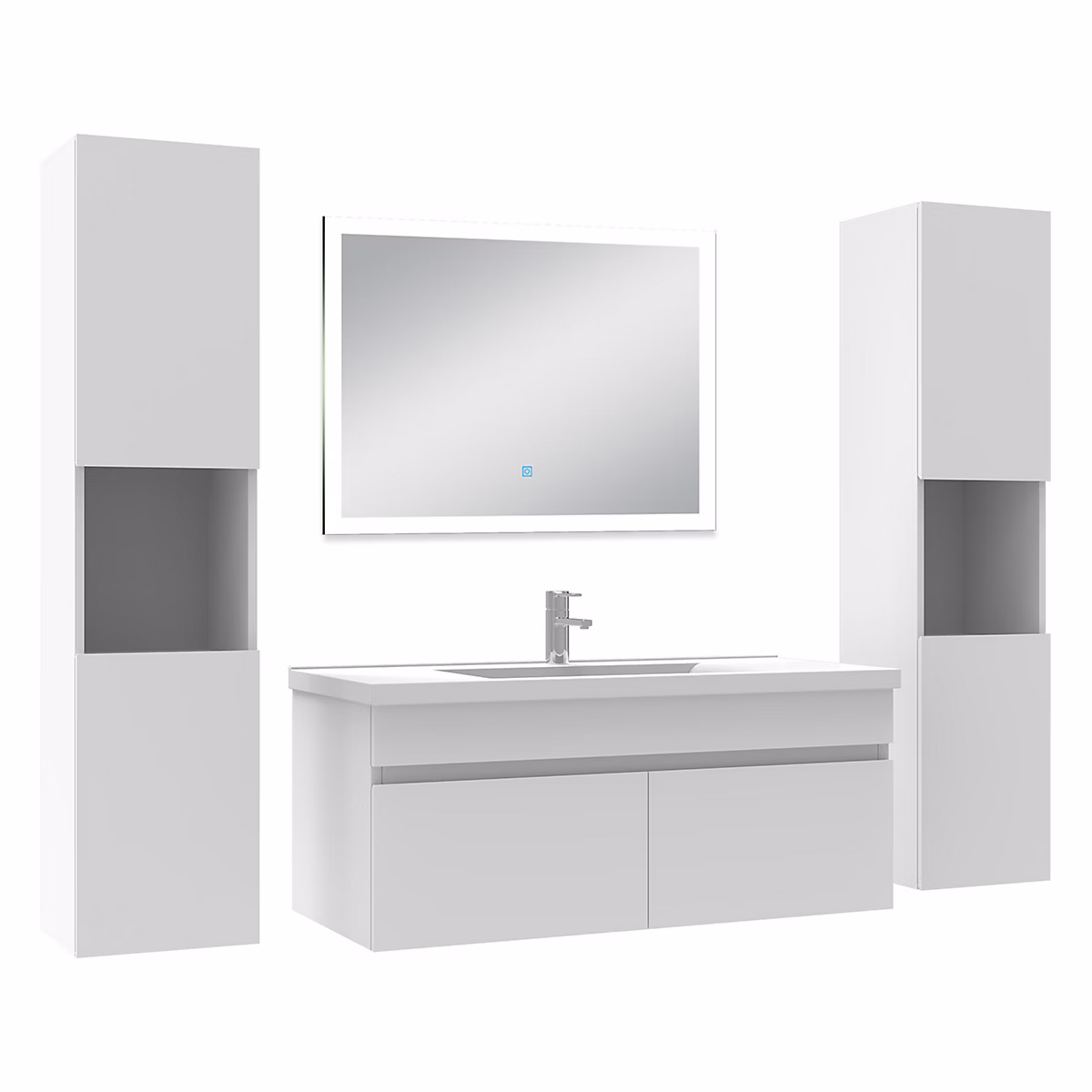 Ensemble meuble de salle de bains – Ensemble meuble Salle de Bain 100cm avec colonne et miroir lumineux blanc