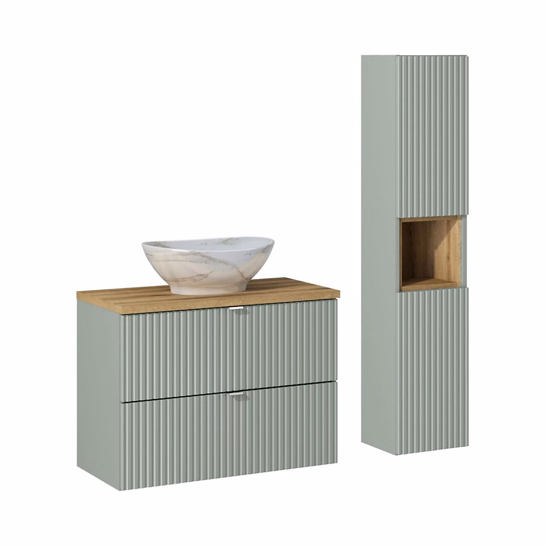 Ensemble meuble de salle de bains – Ensemble ELVINA 110cm : meuble sous vasque à tiroirs vert et plan pour vasque et vasque à poser marbrée et colonne