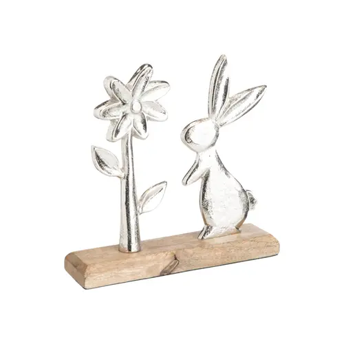 Objet décoratif lapin et fleur en aluminium argenté sur socle en bois - 18 x 5 x 17 cm