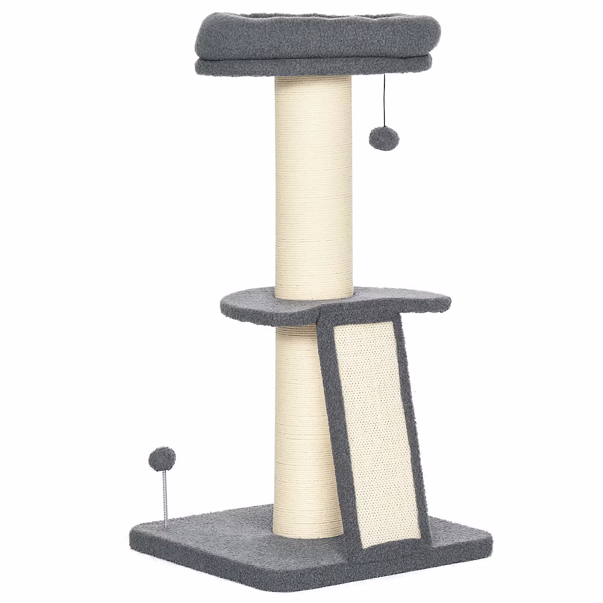 Arbre à chat 3 griffoirs grattoirs sisal naturel plateforme panier 2 boules suspendues peluche haute densité 220 g/m² gris – Réf. HXQHAVXST0429024087