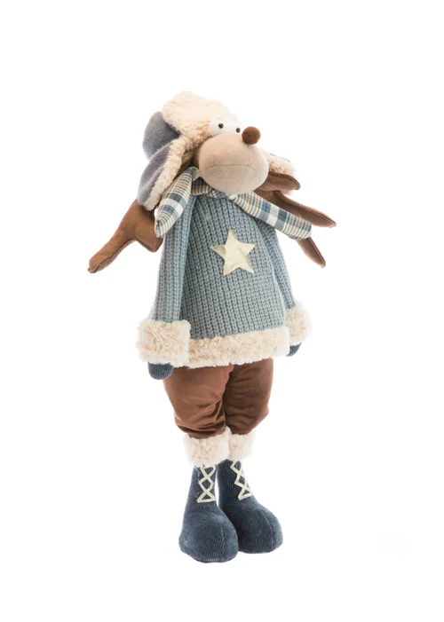 Renne debout en tissu avec pull bleu à étoile - 24 x 17 x 58 cm