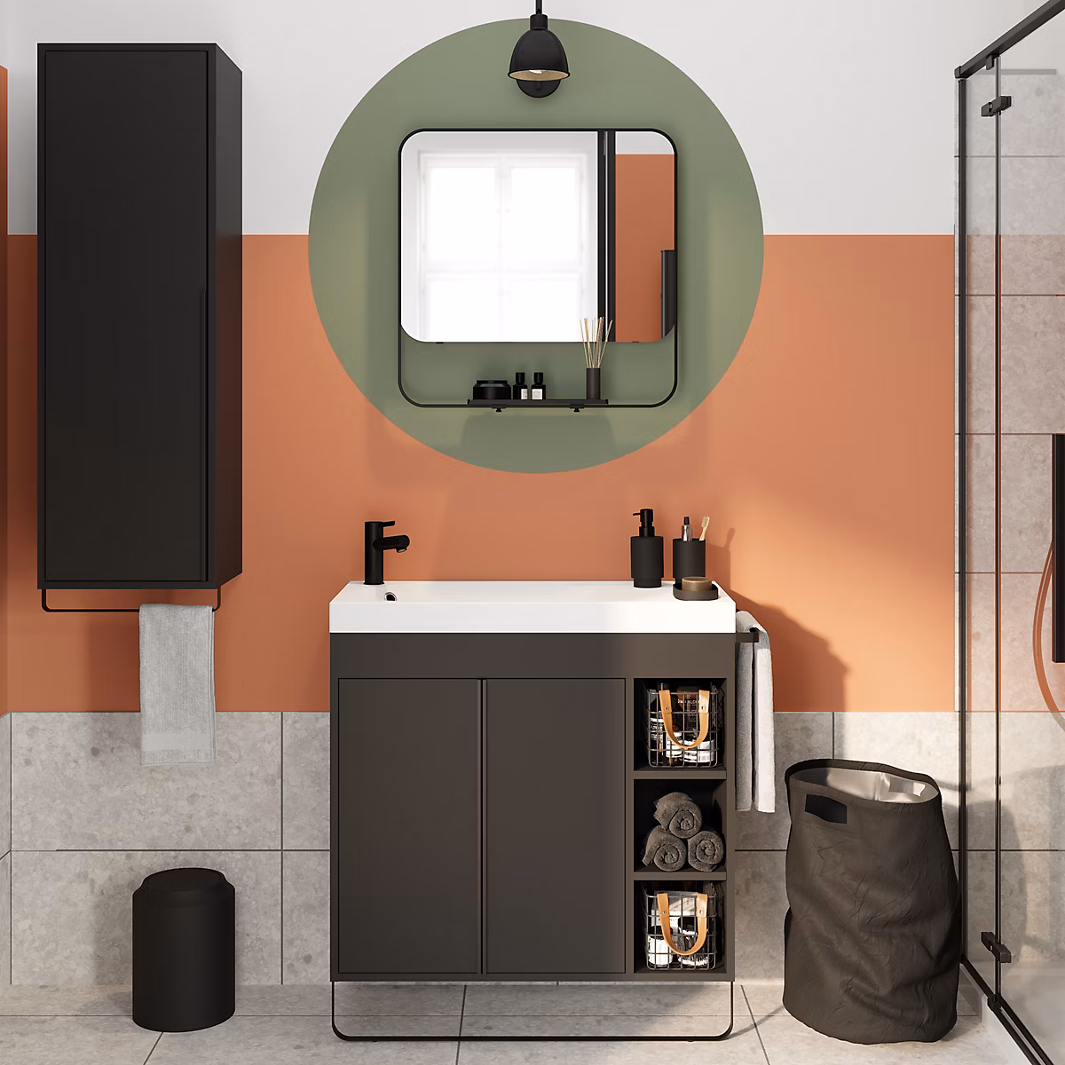 Ensemble meuble vasque faible profondeur noir avec porte | serviettes l.85 x H.82 x P.36 cm + plan vasque blanc résine + miroir – GoodHome Maza