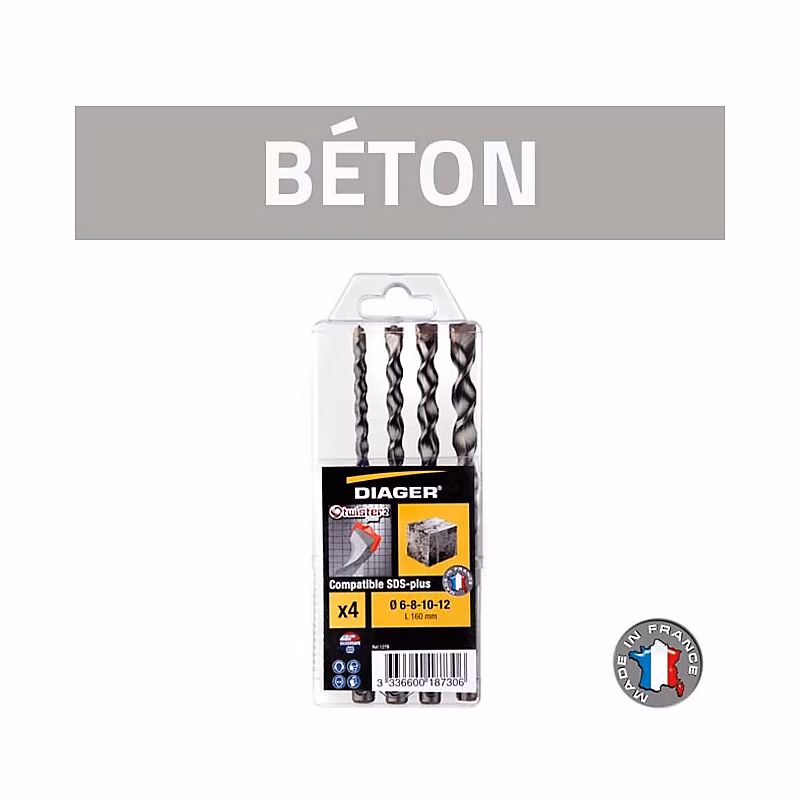 Coffret 4 forets béton DIAGER SDS – plus Twister Plus 6, 8, 10, 12 mm 160 mm