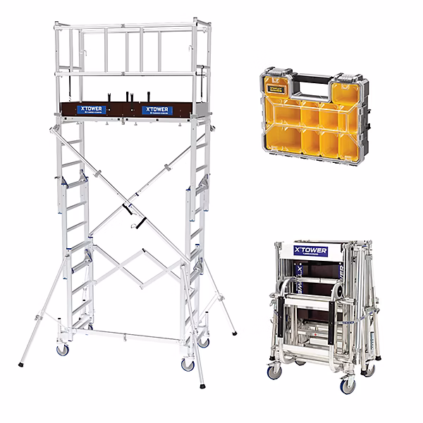 Echafaudage télescopique – XTOWER | Hauteur travail max 4.80m + Organisateur 10 compartiments STANLEY | ORGANISA