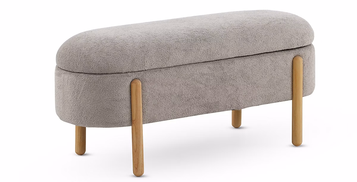 Banc et banc de table – Banquette coffre tapissée en boucle grise avec structure et pieds en pin