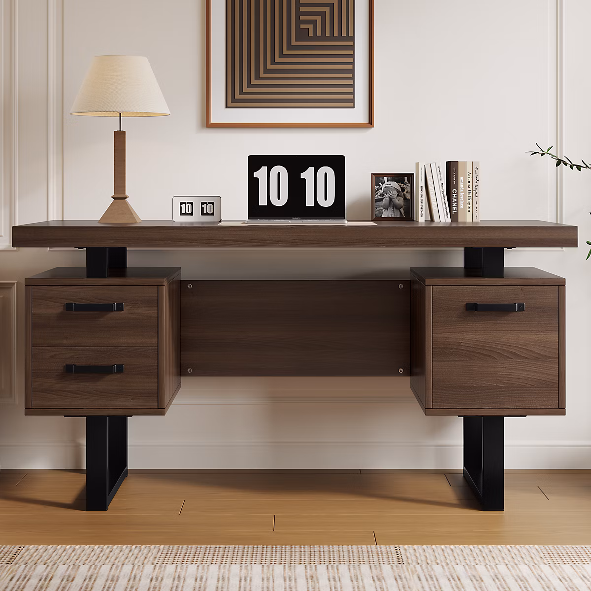Bureau simple 135 × 54 cm – 3 tiroirs silencieux, plateau spacieux, marron+noir