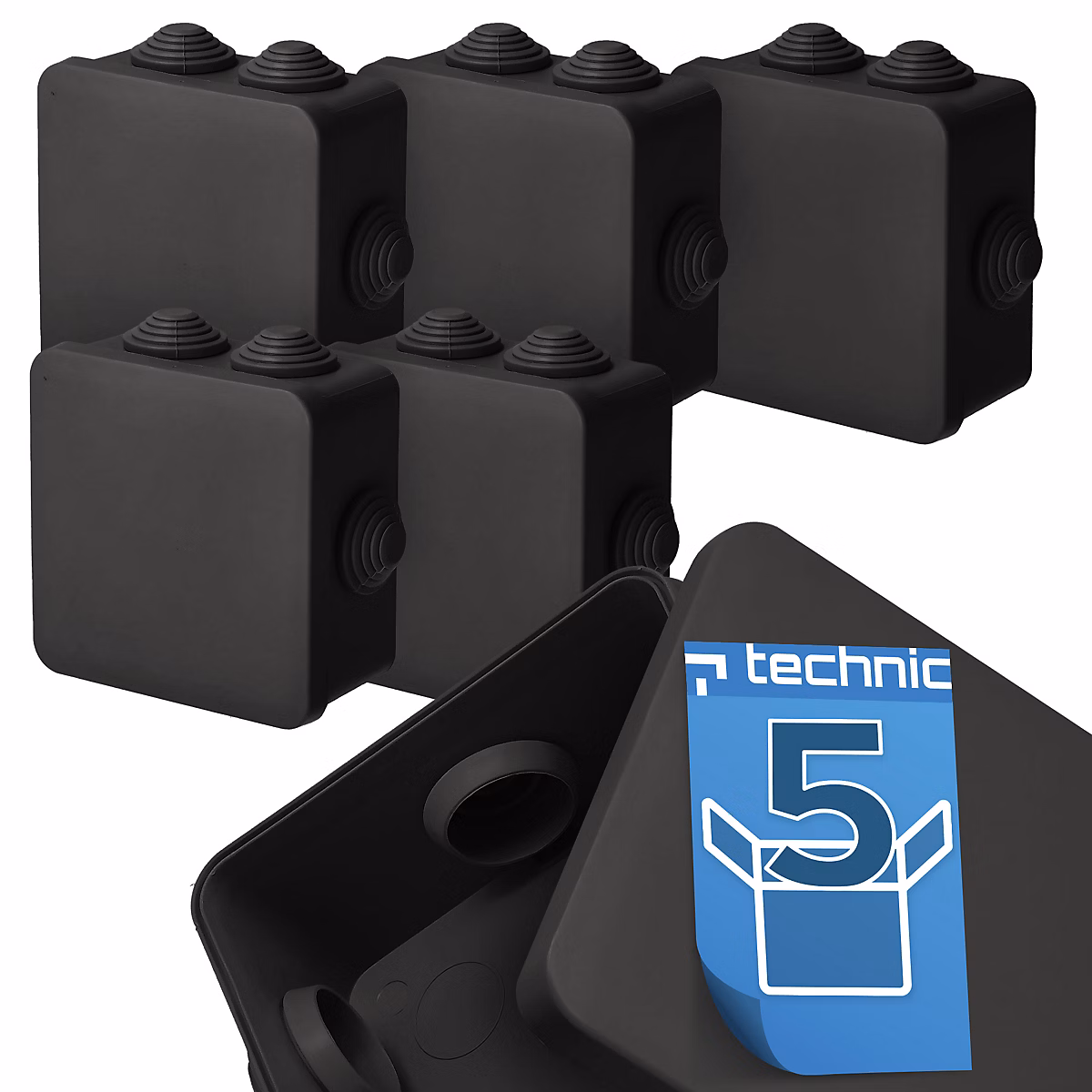 Boîte étanche en saillie avec presse – étoupes, résistante aux UV, fermeture à clipser, 94 × 94 × 47 mm, IP55, noir, pièces, lot de 5