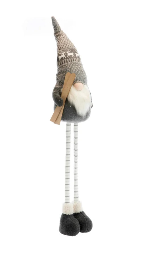 Gnome télescopique en tissu avec bonnet à motifs rennes et skis - 22 x 14 x 73-102 cm