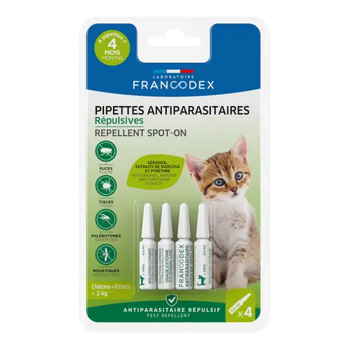 Pipettes antiparasitaires répulsives pour chaton Francodex - 4 x 0,6 ml