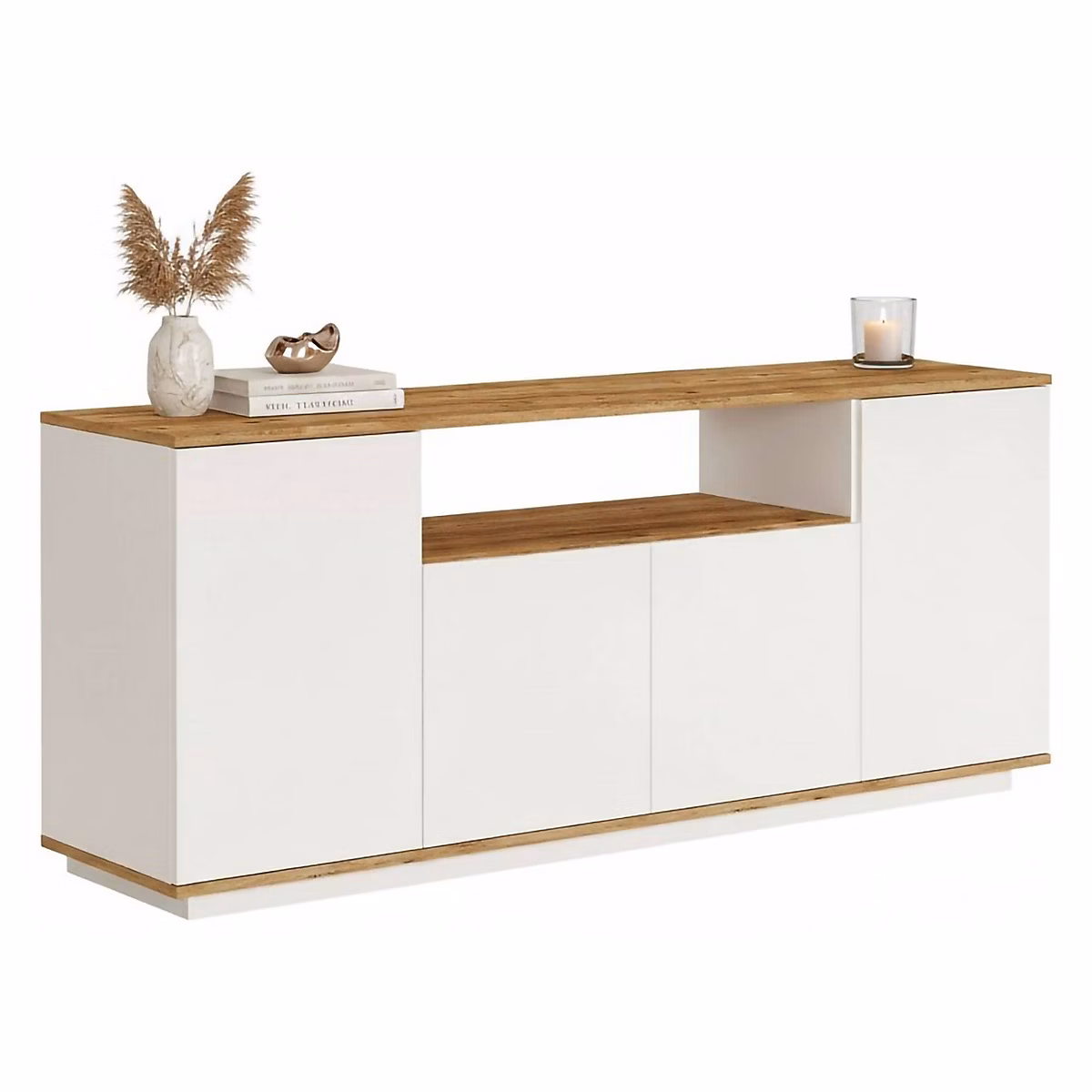 Buffet Aziz – Buffet du salon, Commode de salon, Garde-manger de cuisine, 180 × 45h75 cm, Chêne et Blanc
