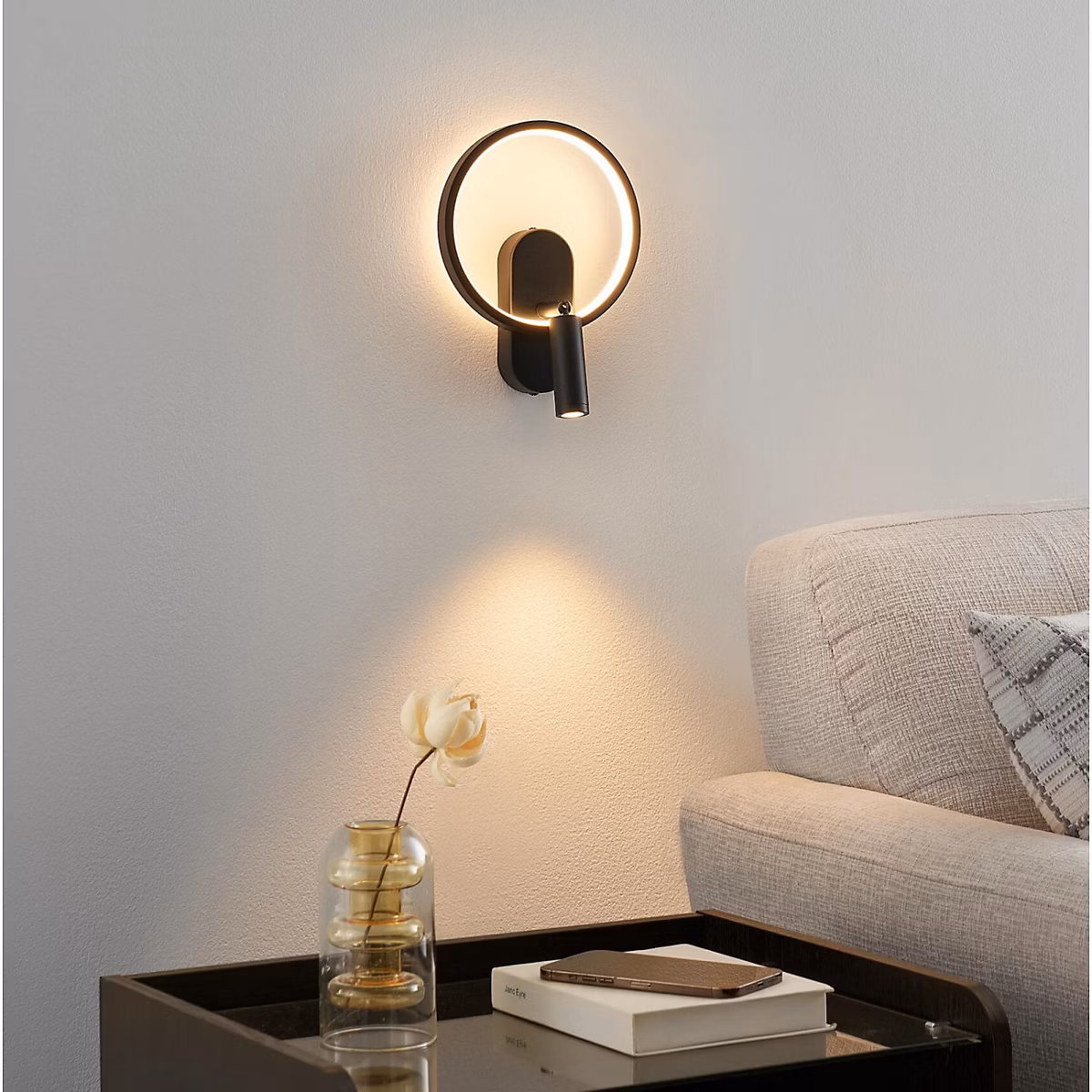 Applique noire double lumière avec liseuse centrée – Lona