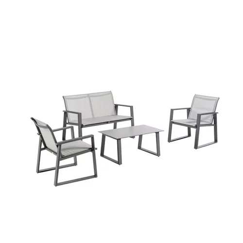 Salon de jardin en aluminium graphite et toile textylène gris perle Alysse - 4 éléments (canapé, table basse et deux fauteuils)