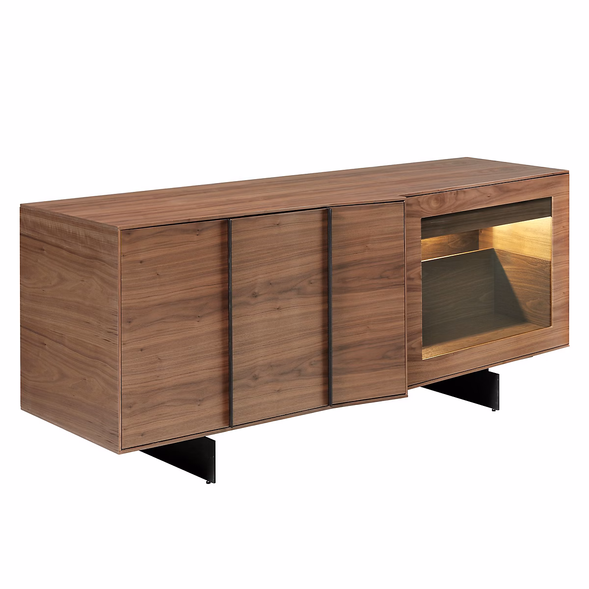 Meuble – Buffet en noyer et acier noir avec éclairage intérieur