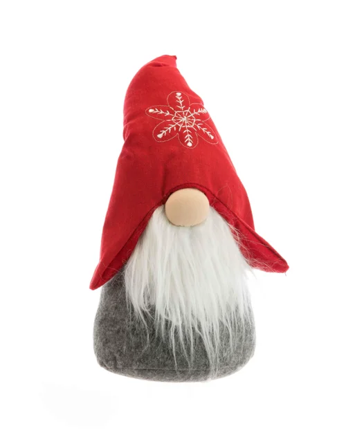 Gnome debout en tissu avec bonnet rouge brodé d'un flocon blanc - 25 x 13 x 40 cm
