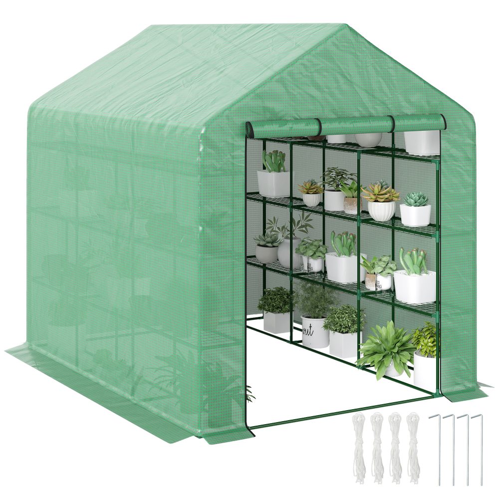 Serre de jardin d'hivernage avec étagères 3 niveaux porte enroulable tube en 244 x 180 x 210 cm Acier Vert – Aménagement du jardin