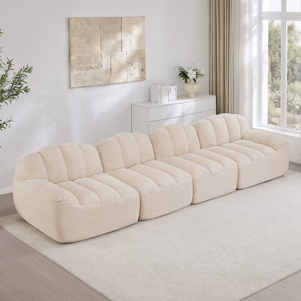 Canapé 4 places modulable – coquille, mousse haute densité 32D, assise profonde, tissu doux, beige blanc