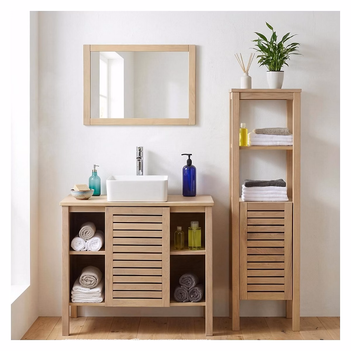 Ensemble simple vasque 90cm TALIX chêne avec robinet – miroir et colonne