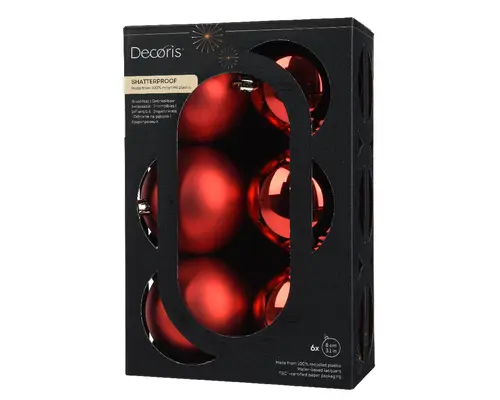 Ensemble de 6 boules en plastique recyclé rouge brillant et mat - Ø 8 cm