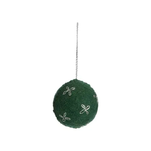 Boule en laine polyester verte à décor fleur blanche - Ø 4 cm