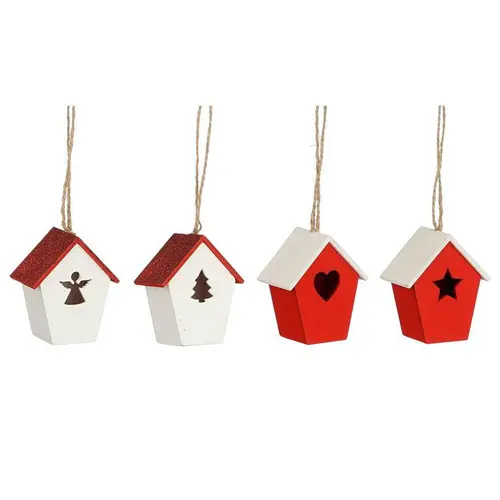 Décoration à suspendre maison en bois blanche et rouge– 6,5 x 7 x 4 cm