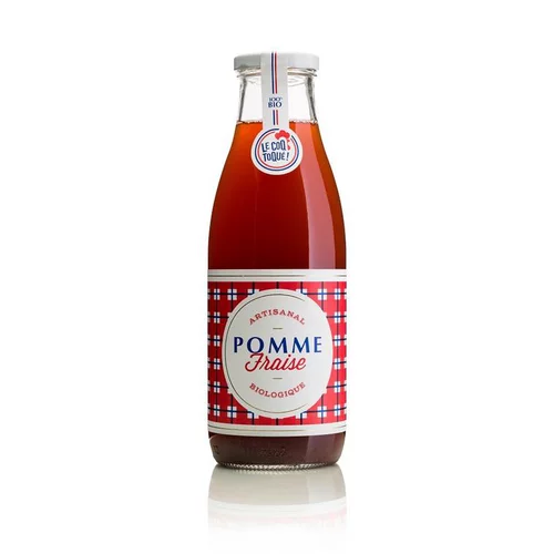 Jus de pomme fraise bio. La bouteille de 75 cl