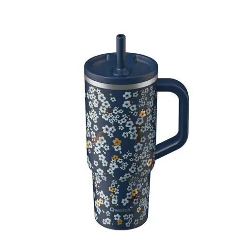 Travel cup isotherme en inox à motifs fleurs bleu nuit avec bouchon étanche Qwetch - 900 ml