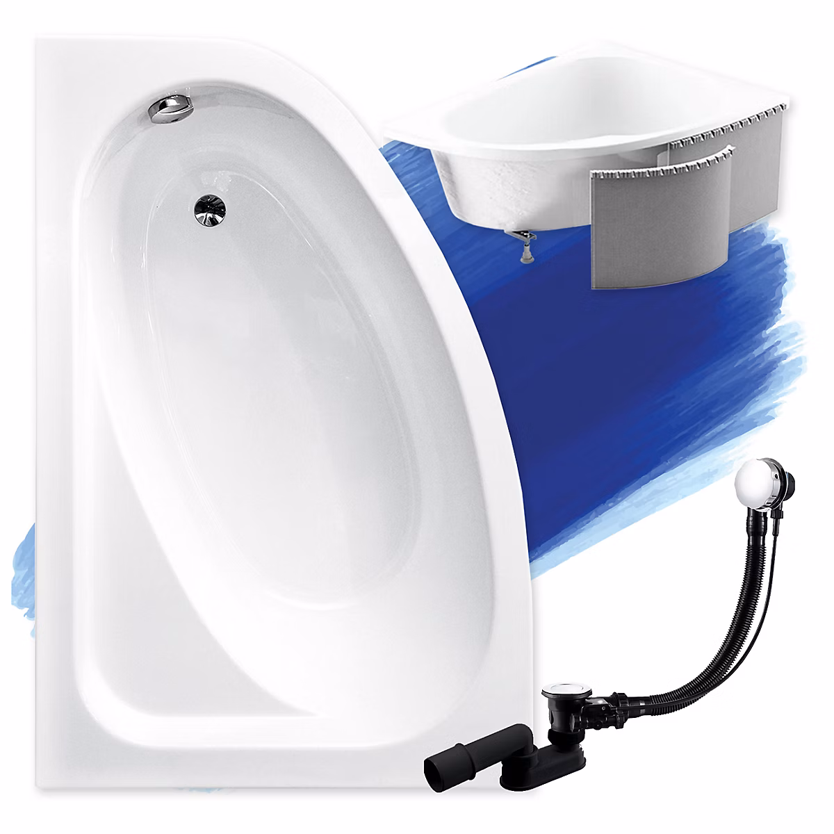 Baignoire asymétrique 150 x 100 Gauche CORNEA acrylique blanc + Habillage en polystyrène + Pieds + Vidage à chromé | Baignoire