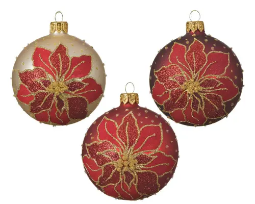 Boule en verre rouge mat avec motif poinsettia - Ø 8 cm