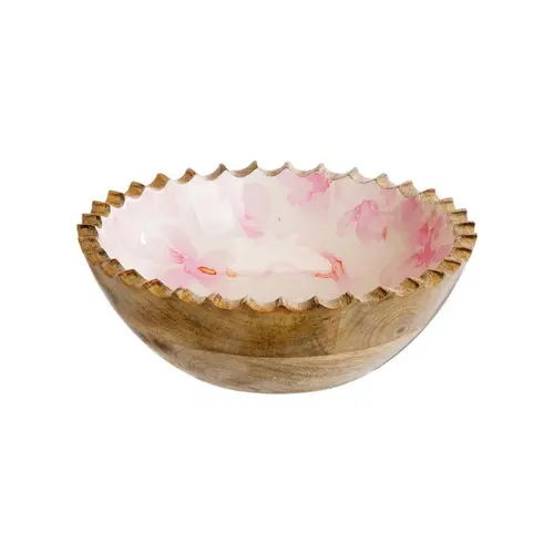 Saladier en bois de manguier intérieur décor cerisier rose - Ø 20 x H 7 cm