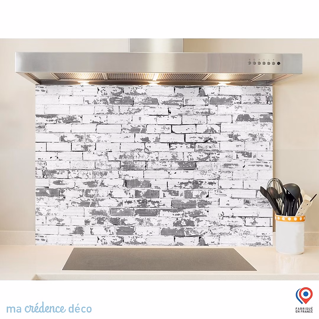 Crédence cuisine fond de hotte Mur briques noir et blanches – Verre trempé, L 60 cm x H 45 cm, MaCrédenceDéco