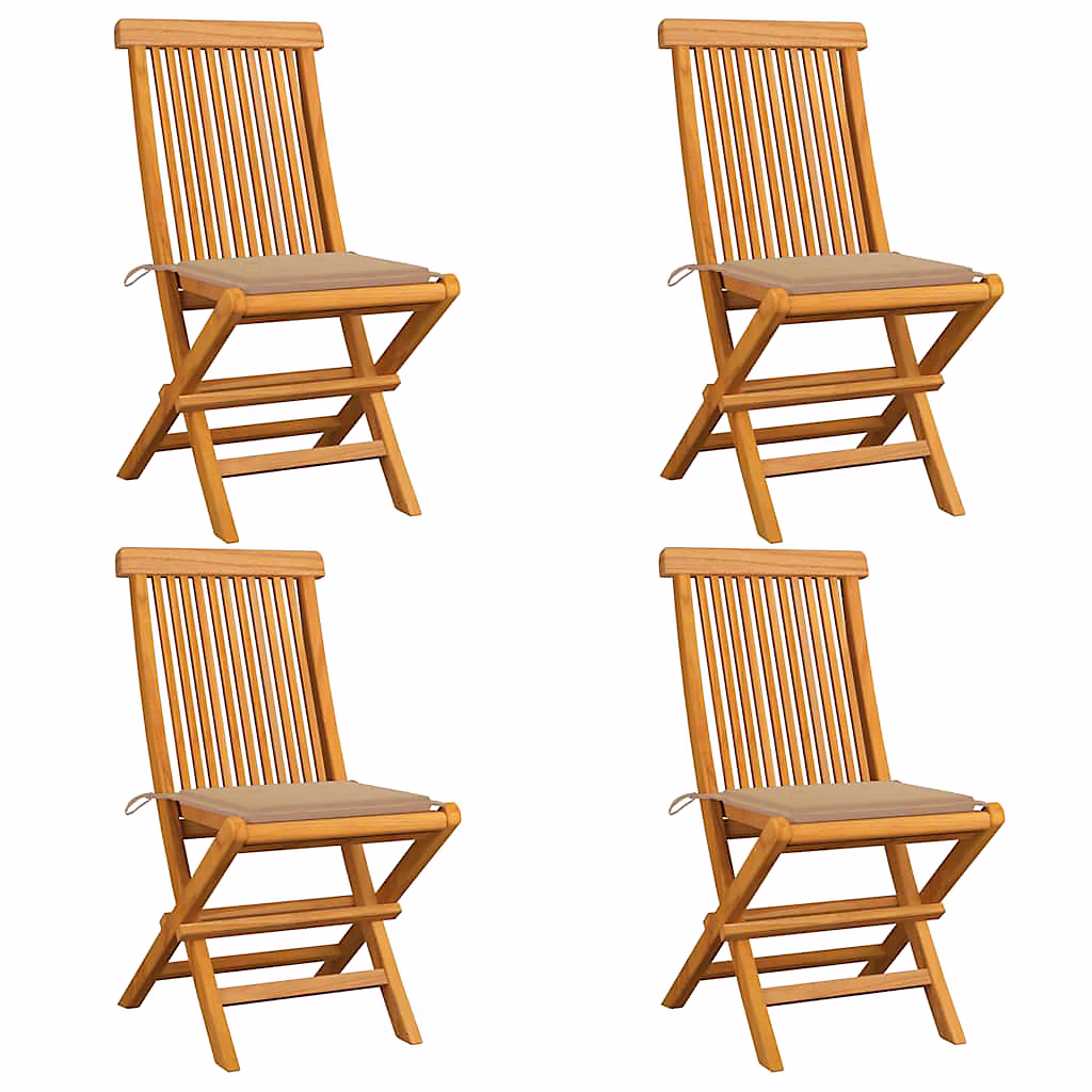 Chaises pliantes avec coussins beiges – 4 pièces | en teck massif vidaXL
