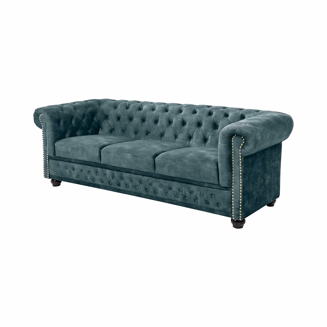 Canapé droit EDGAR Bleu canard capitonné 3 places Velours style Chesterfield | Canapé
