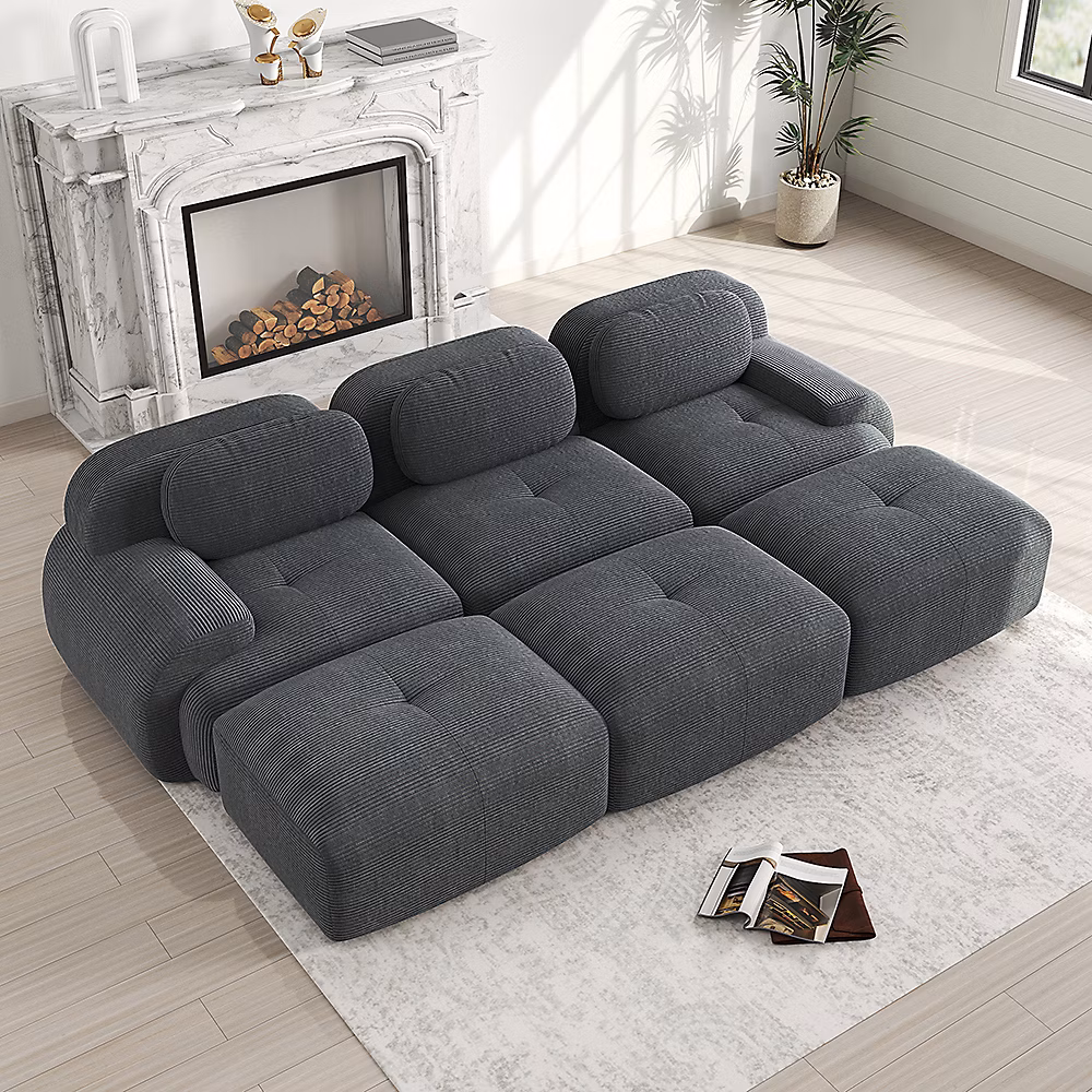 Canapé modulable 3 places avec 3 poufs en velours côtelé – gris,adapté aux animaux domestiques, accoudoirs ultra-larges