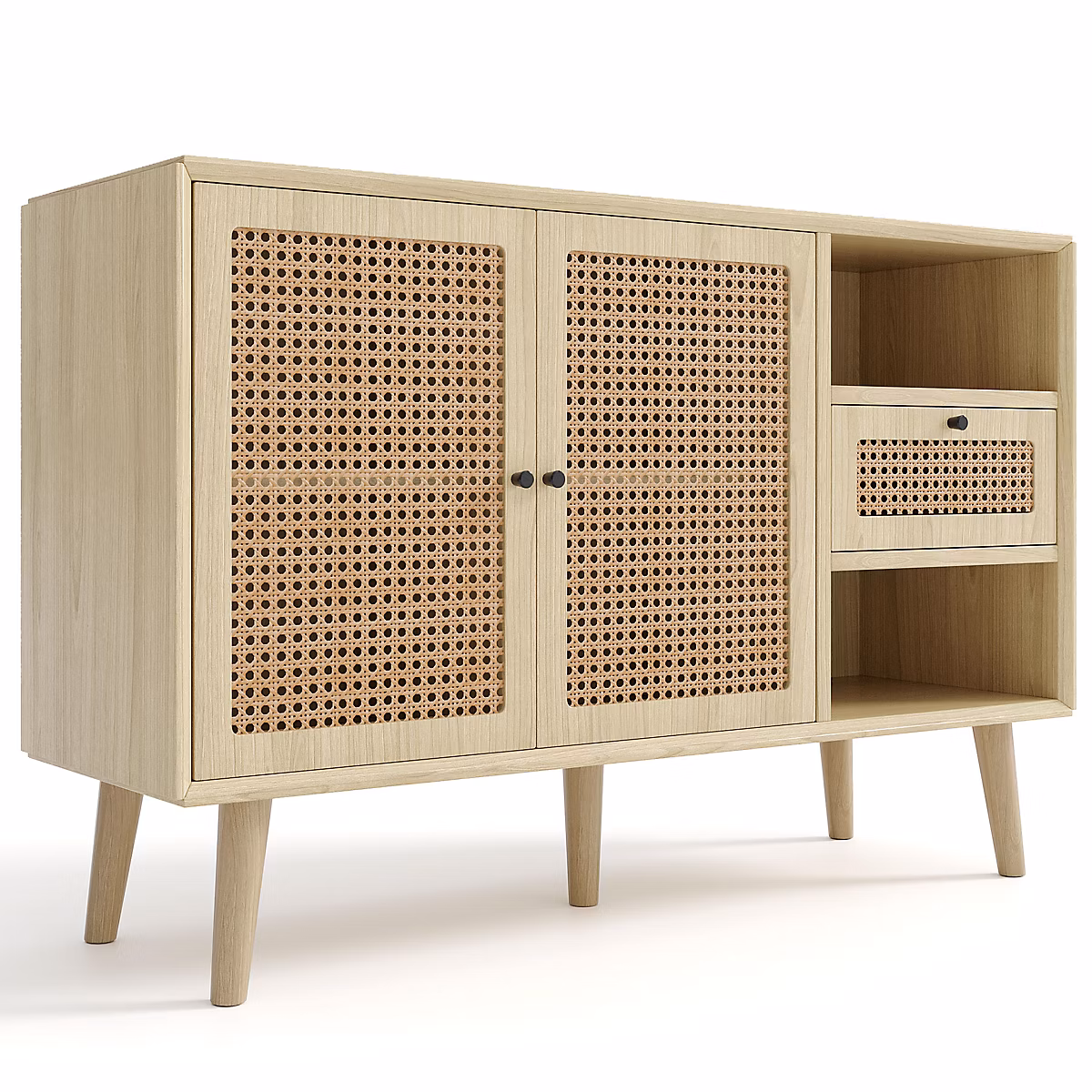 Meuble – Buffet effet bois chêne et tissage en rotin avec 1 tiroir et 2 portes