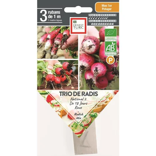 Graines présemées de trio de radis bio Ernest turc - 3 rubans de 1 m