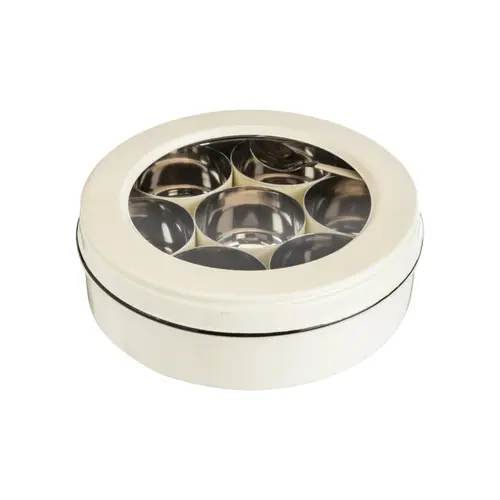 Boîte ronde à épices en acier inoxydable ivoire avec cuillère - Ø 20 x H 7 cm