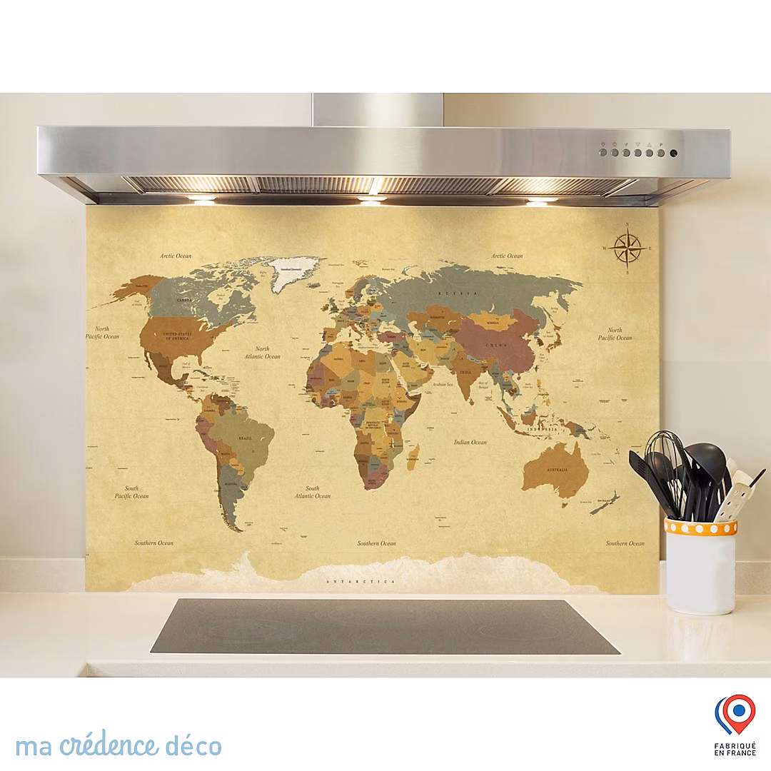 Crédence cuisine fond de hotte Carte du monde – Verre trempé, L 90 cm x H 70 cm, MaCrédenceDéco