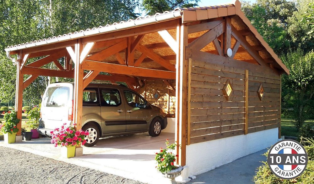 Carport 2 pentes faitage décalé – 500cmx650cm, bois DOUGLAS Français (Charpente en bois-auvent-abri voiture)30 m².Garantie 10 ans