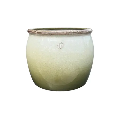 Pot cylindrique en métal recyclé coloris vert et beige Upcycle Bella - Ø 30 x H 23,5 cm