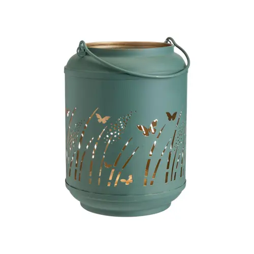 Lanterne en métal vert avec décor papillons doré petit modèle - Ø 15 x H 20 cm