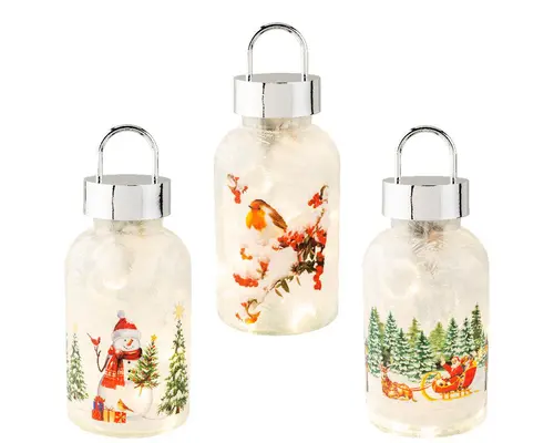 Lampe de table en verre avec décor de Noël rouge et vert à micro LED blanc chaud - Ø 10 x H 23,15 cm
